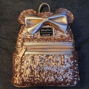 NWT Bundle Loungefly Sequins Rose Gold Mini Backpack w/NWT Disney Parks Rose Gol